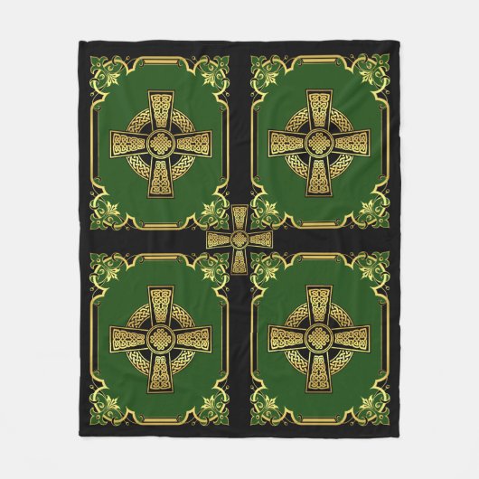 Irisches Keltisches Kreuz/Schwarz/Gold/grünes Kreu Fleecedecke (Vorderseite)