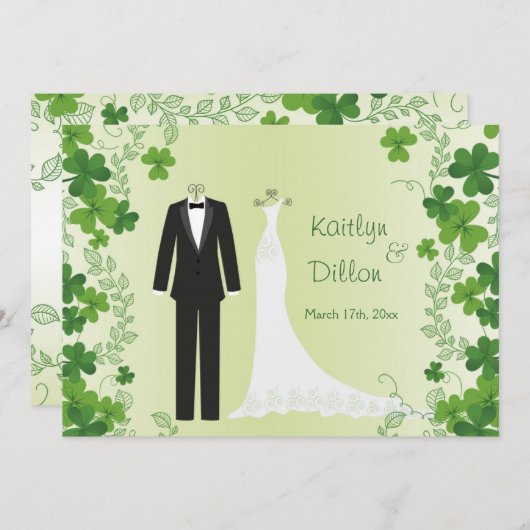 Irisches Kleeblatt, Smoking & Gown Polterabend Einladung (Vorne/Hinten)