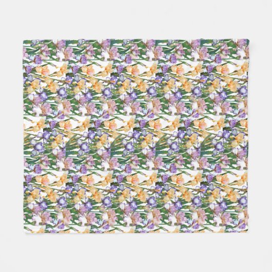 Irises in Yellow Purple on White Floral Fleecedecke (Vorderseite (Horizontal))