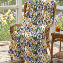 Irises in Yellow Purple on White Floral   Fleecedecke