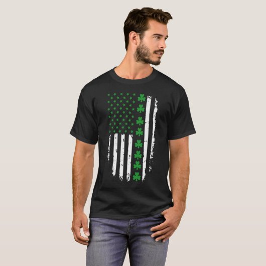 Irish American Green Clover & Stars Flag St Patric T-Shirt (Vorne ganz)