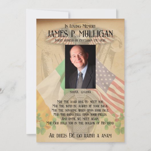 Irish American Memorial Foto Card Einladung (Vorderseite)