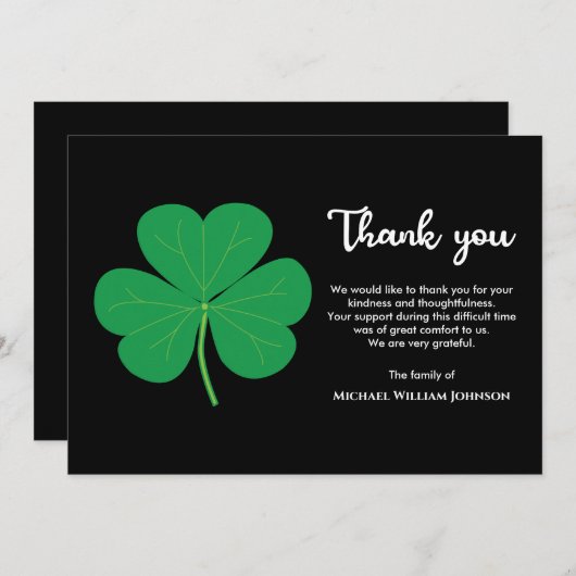 Irish Beerdigung Schwarz-weißes grünes Kleeblatt C Dankeskarte (Vorne/Hinten)