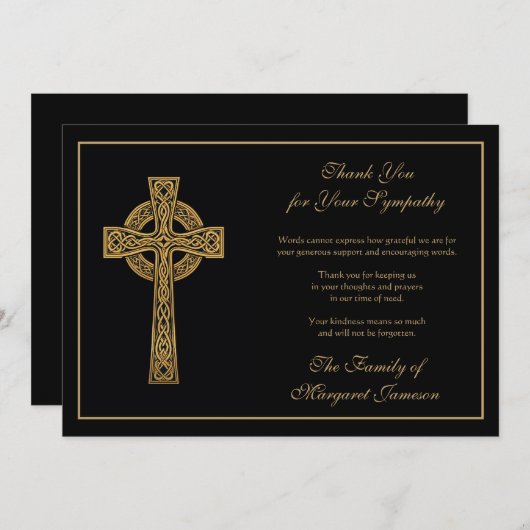 Irish Celtic Cross Black and Gold Condolence Dankeskarte (Vorne/Hinten)