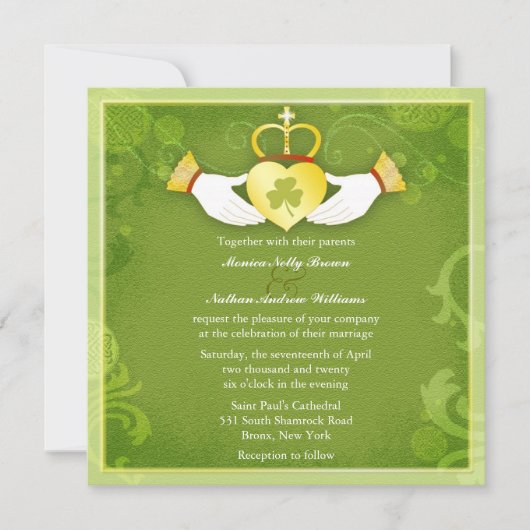 Irish Claddagh Heart Green Celtic Wedding Einladung (Vorderseite)