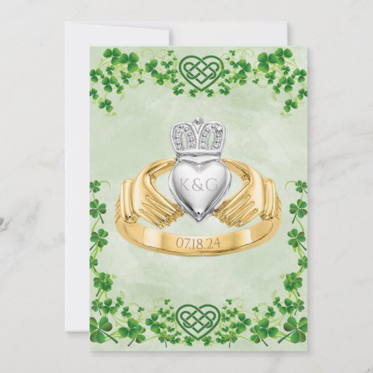 Irish Claddagh Ring Kleeblatts & Celtic Liebe Knot Save The Date (Rückseite)