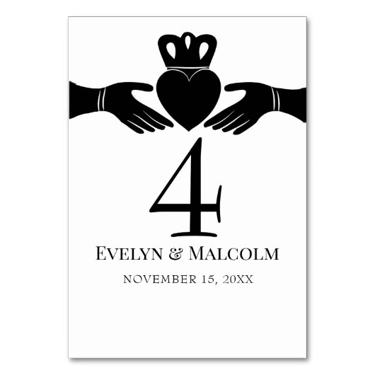 Irish Claddagh Ring Simple Black and White Wedding Tischnummer (Rückseite)