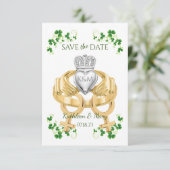 Irish Claddagh Ring und Kleeblätter Save The Date (Stehend Vorderseite)