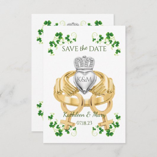 Irish Claddagh Ring und Kleeblätter Save The Date (Vorne/Hinten)