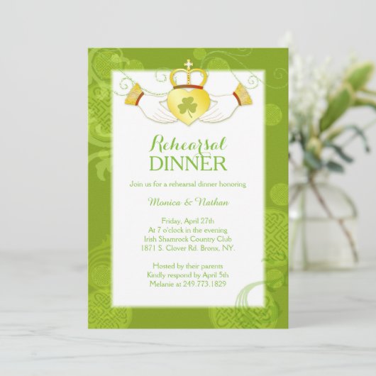 Irish Claddagh Ring Wedding Probe Dinner Einladung (Stehend Vorderseite)