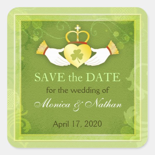 Irish Claddagh Ring Wedding Save the Date Quadratischer Aufkleber (Vorderseite)