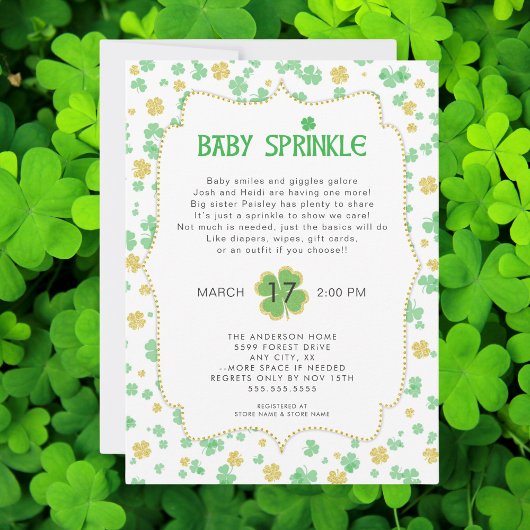 Irish Clovers Baby Sprinkle, neutrales grünes Gold Einladung