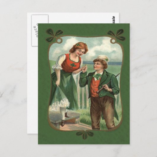 Irish Couple Shillelagh Kleeblatt Postkarte (Vorne/Hinten)