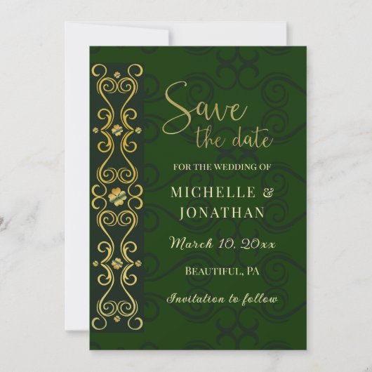 Irish Elegant Gold Abstrakt Dark Green Wedding Save The Date (Vorderseite)