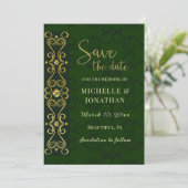 Irish Elegant Gold Abstrakt Dark Green Wedding Save The Date (Stehend Vorderseite)