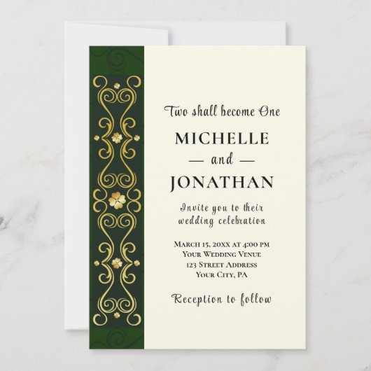 Irish Elegant Gold Dark Green Christlich Wedding Einladung (Vorderseite)
