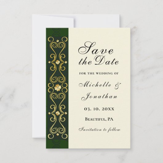 Irish Elegant Gold Dark Green Wedding Save The Date (Vorderseite)