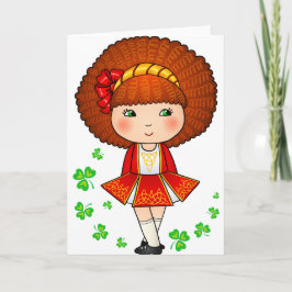 Irish girl in red dress with shamrocks karte