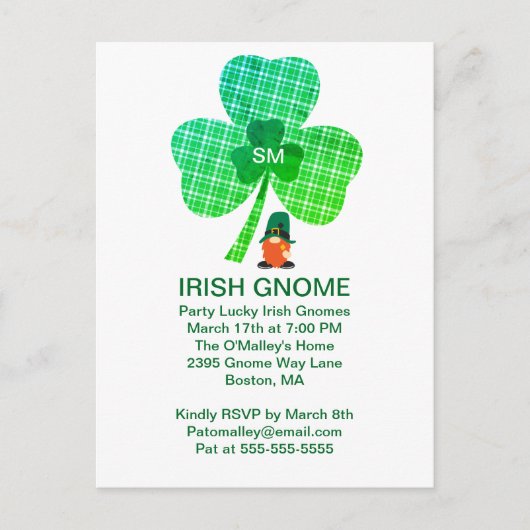 Irish Gnome Monogram Kleeblatt St Patricks Postkarte (Vorderseite)