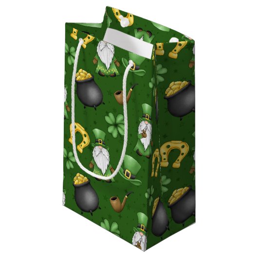 IRISH GNOMES KLEEBLATTS HORSESHOES GOLD POTS KLEINE GESCHENKTÜTE (Vorderseite Schrägansicht)