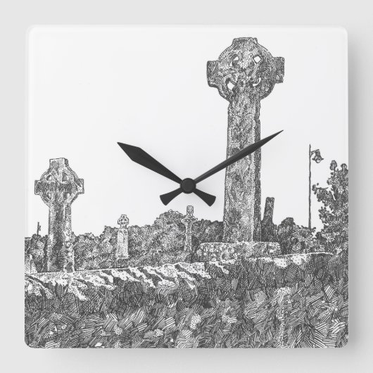 Irish Graveyard Crosses Clock Quadratische Wanduhr (Vorderseite)