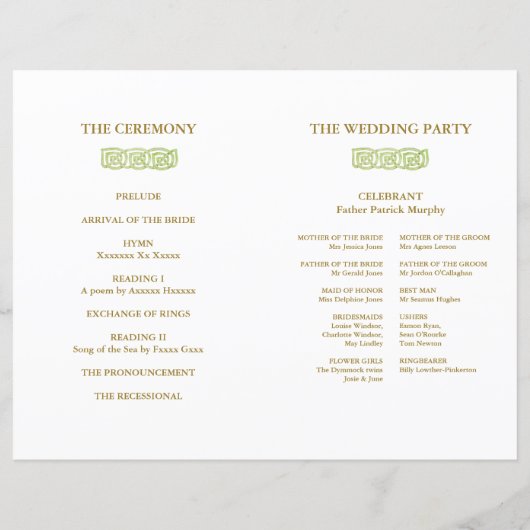 Irish Green Celtic Knot & Gold Hochzeitsprogramm (Rückseite)