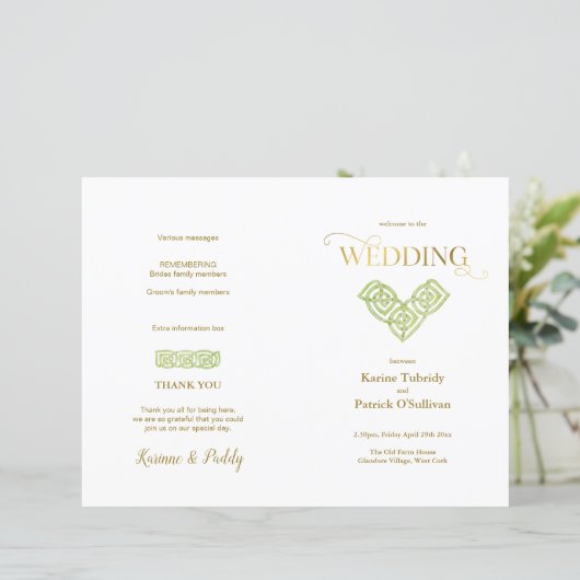 Irish Green Celtic Knot & Gold Hochzeitsprogramm (Stehend Vorderseite)