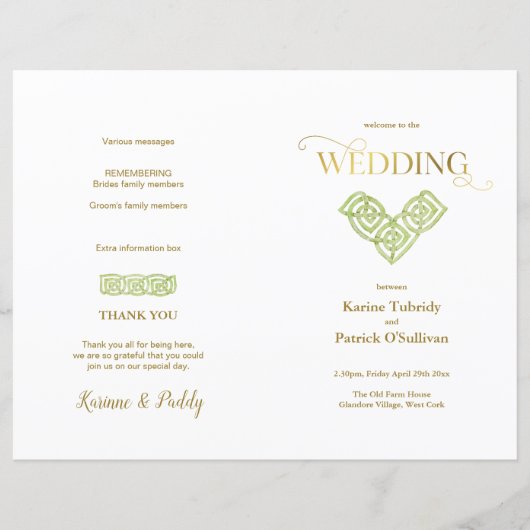 Irish Green Celtic Knot & Gold Hochzeitsprogramm (Vorderseite)