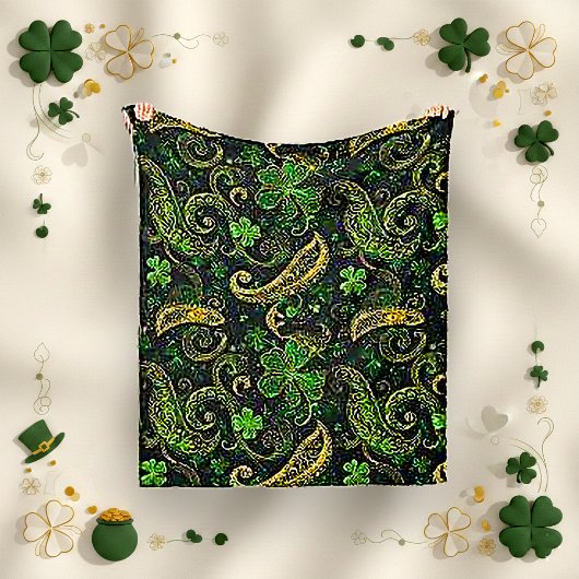 Irish Green Gold Paisley Shamrock Pattern Fleecedecke