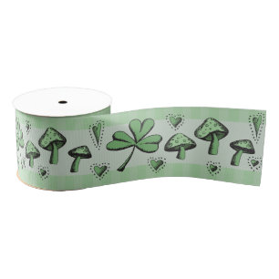 Irish Green Kleeblatts Hearts and Mushrooms 3" Gro Ripsband