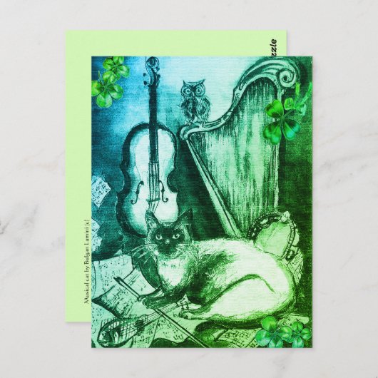 Irish Harp and St.Patrick's Day Cat Making Music Postkarte (Vorne/Hinten)