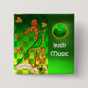 IRISH HARP, GREEN GOLD KLEEBLATTS St Patrick's Day Button