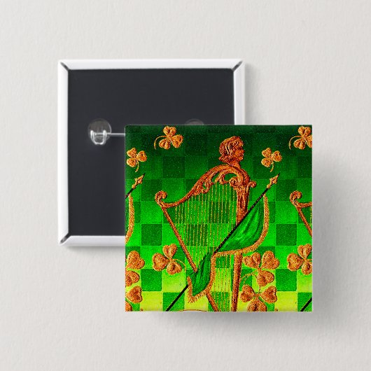 IRISH HARP, GREEN GOLD KLEEBLATTS St Patrick's Day Button (Vorne & Hinten)