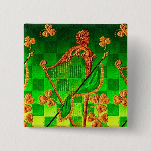 IRISH HARP, GREEN GOLD KLEEBLATTS St Patrick's Day Button (Vorderseite)