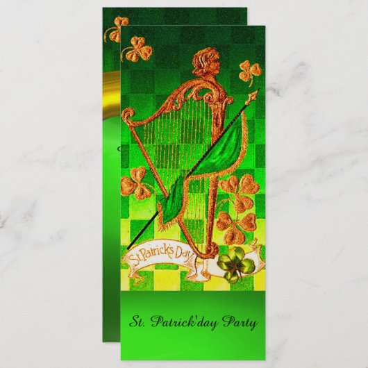 IRISH HARP, GREEN GOLD KLEEBLATTS St Patrick's Day Einladung (Vorne/Hinten)