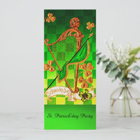 IRISH HARP, GREEN GOLD KLEEBLATTS St Patrick's Day Einladung (Stehend Vorderseite)