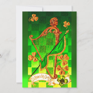 IRISH HARP, GREEN GOLD KLEEBLATTS St Patrick's Day Einladung