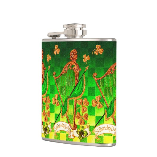 IRISH HARP, GREEN GOLD KLEEBLATTS St Patrick's Day Flachmann (Links)