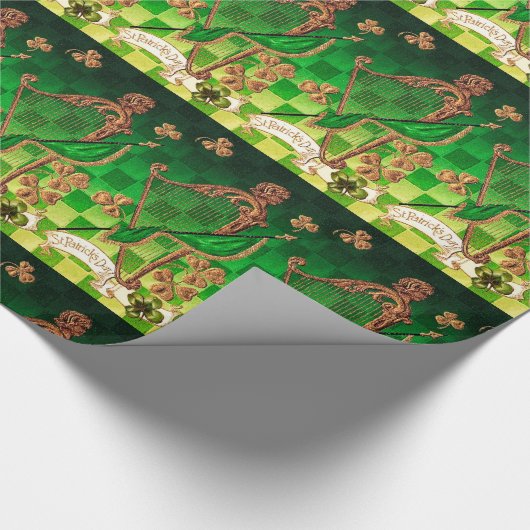 IRISH HARP, GREEN GOLD KLEEBLATTS St Patrick's Day Geschenkpapier (Ecke)
