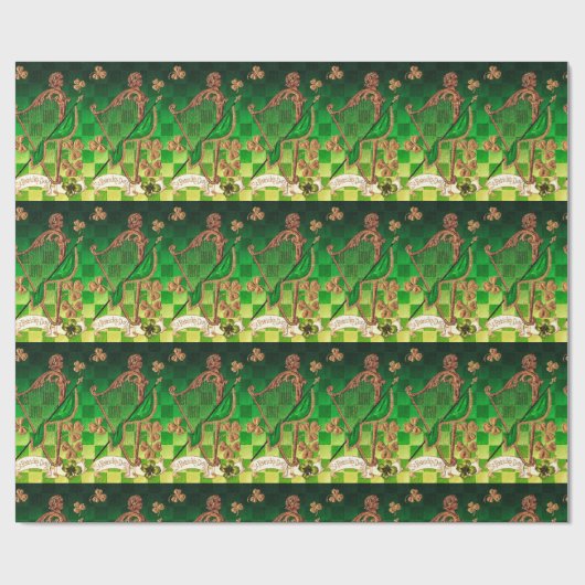 IRISH HARP, GREEN GOLD KLEEBLATTS St Patrick's Day Geschenkpapier (Flach)