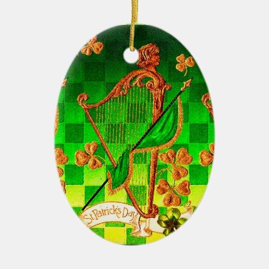 IRISH HARP, GREEN GOLD KLEEBLATTS St Patrick's Day Keramikornament (Vorne)