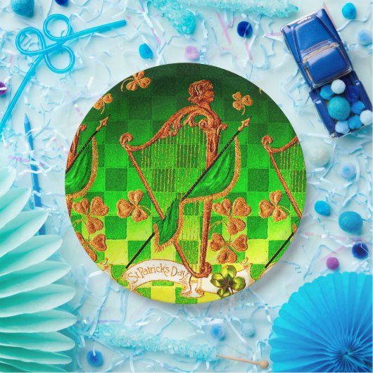 IRISH HARP, GREEN GOLD KLEEBLATTS St Patrick's Day Pappteller (Party)