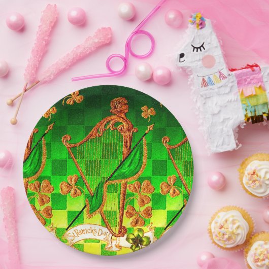 IRISH HARP, GREEN GOLD KLEEBLATTS St Patrick's Day Pappteller (Party)