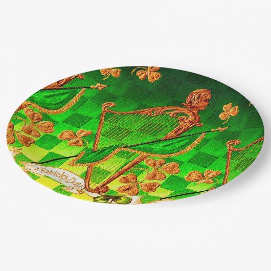 IRISH HARP, GREEN GOLD KLEEBLATTS St Patrick's Day Pappteller (Schrägansicht)