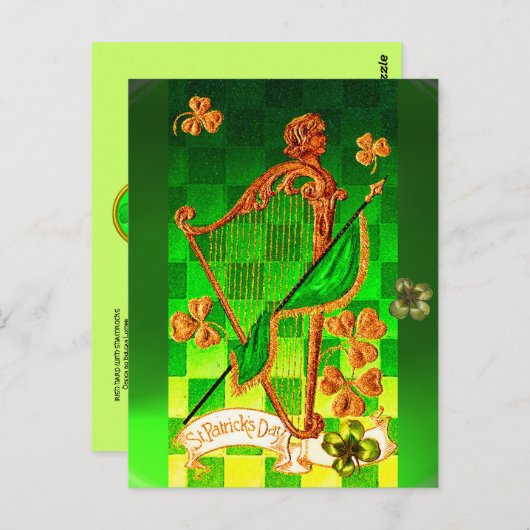 IRISH HARP, GREEN GOLD KLEEBLATTS St Patrick's Day Postkarte (Vorne/Hinten)