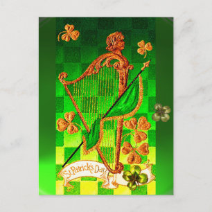 IRISH HARP, GREEN GOLD KLEEBLATTS St Patrick's Day Postkarte