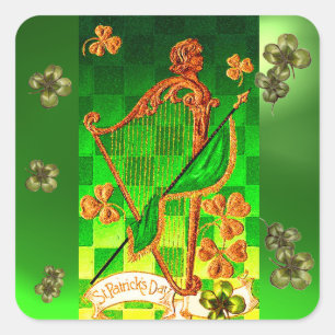 IRISH HARP, GREEN GOLD KLEEBLATTS St Patrick's Day Quadratischer Aufkleber