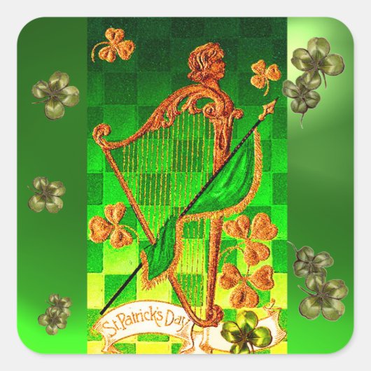 IRISH HARP, GREEN GOLD KLEEBLATTS St Patrick's Day Quadratischer Aufkleber (Vorderseite)