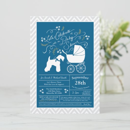 Irish Kerry Blue Terrier Dog Baby Shower Blue Boy Einladung (Stehend Vorderseite)