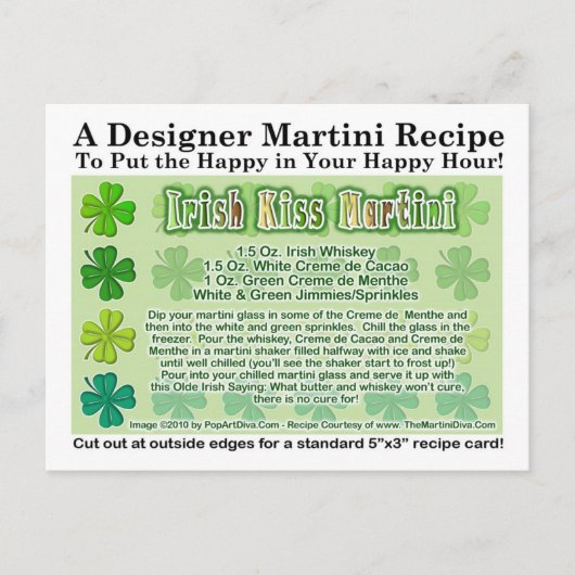 Irish Kiss St. Patrick's Day Martini Rezept Card Postkarte (Vorderseite)